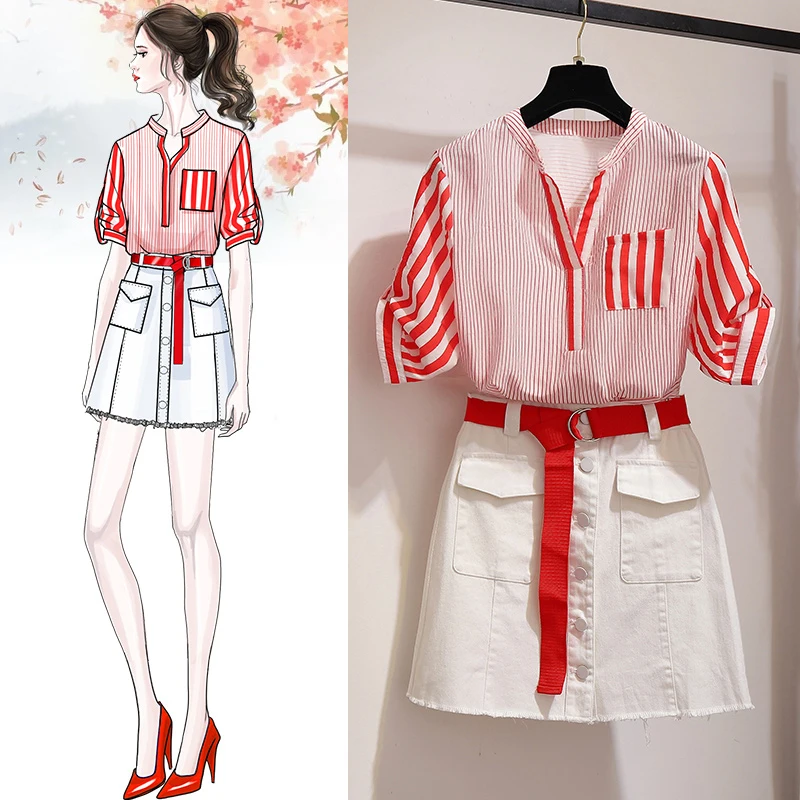 

2019 Summer Two Piece Set Women Striped shirt + Mini Denim Skirt 2 Piece Skirt With Sashes Skirt Set 2 Piece Outfits for women