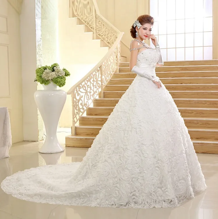 alta calidad vestido de boda de corea de cola larga de encaje sin