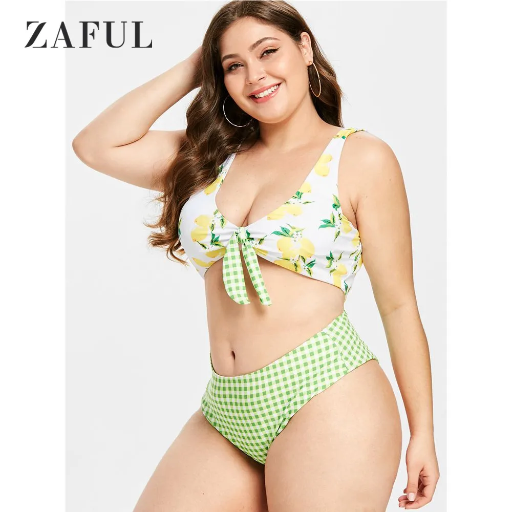 ZAFUL-Bikini a cuadros de talla grande, traje de baño de grande con nudo y limones, Bikini acolchado de talla grande para mujer - AliExpress Ropa de mujer