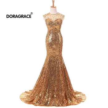 

Doragrace robe de soiree Gold Sequins Formal Evening Dress Long Crystal Mermaid Evening Gowns