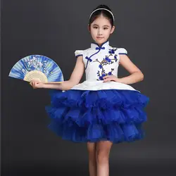 Элегантный синий фарфор Cheongsam дети ребенок китайский новогодние костюмы Qipao Платье в цветочек для девочек Oriental шелковое платье
