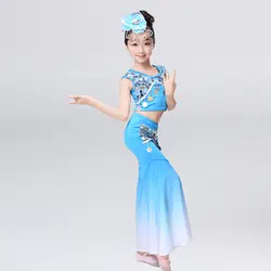 Девушка дай танцы костюм Павлин танцевальные костюмы для девушек Дети костюмы для бальных танцев юбка