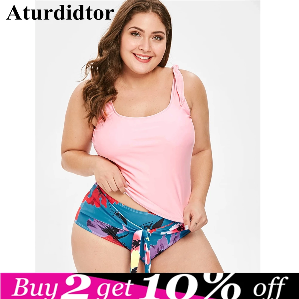 

Aturdidtor 2019 Two Piece Swimwear Women Plus Size Tankini Set Swimsuits with Shorts V neck Swim Wear Pink Floral Print Bathing