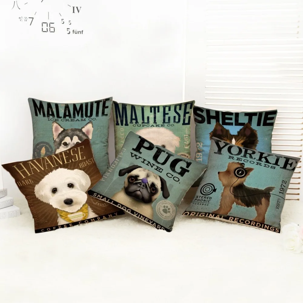 

Modern Simple 45cm Cute Colorful Pet Pug Malamute Maltese Sheltie Terrier Dog Cotton Linen Square Throw Pillow Case Soft Cover