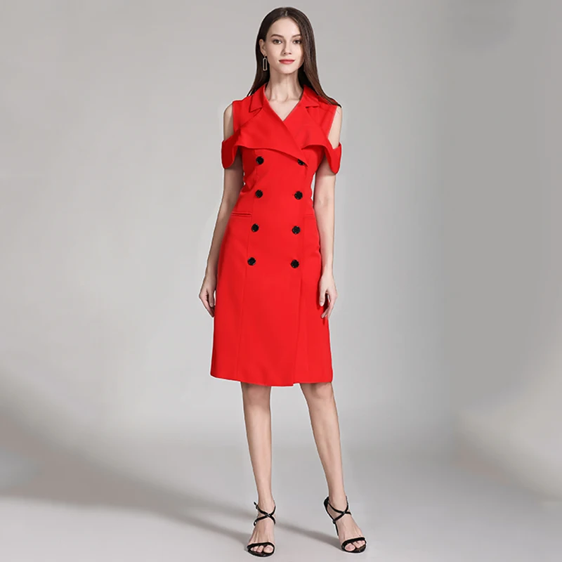 

High Quality Elegant Women Solid Color Basic Style Design Off-the-Shoulder Double Breasted Slim Straight Red Dress