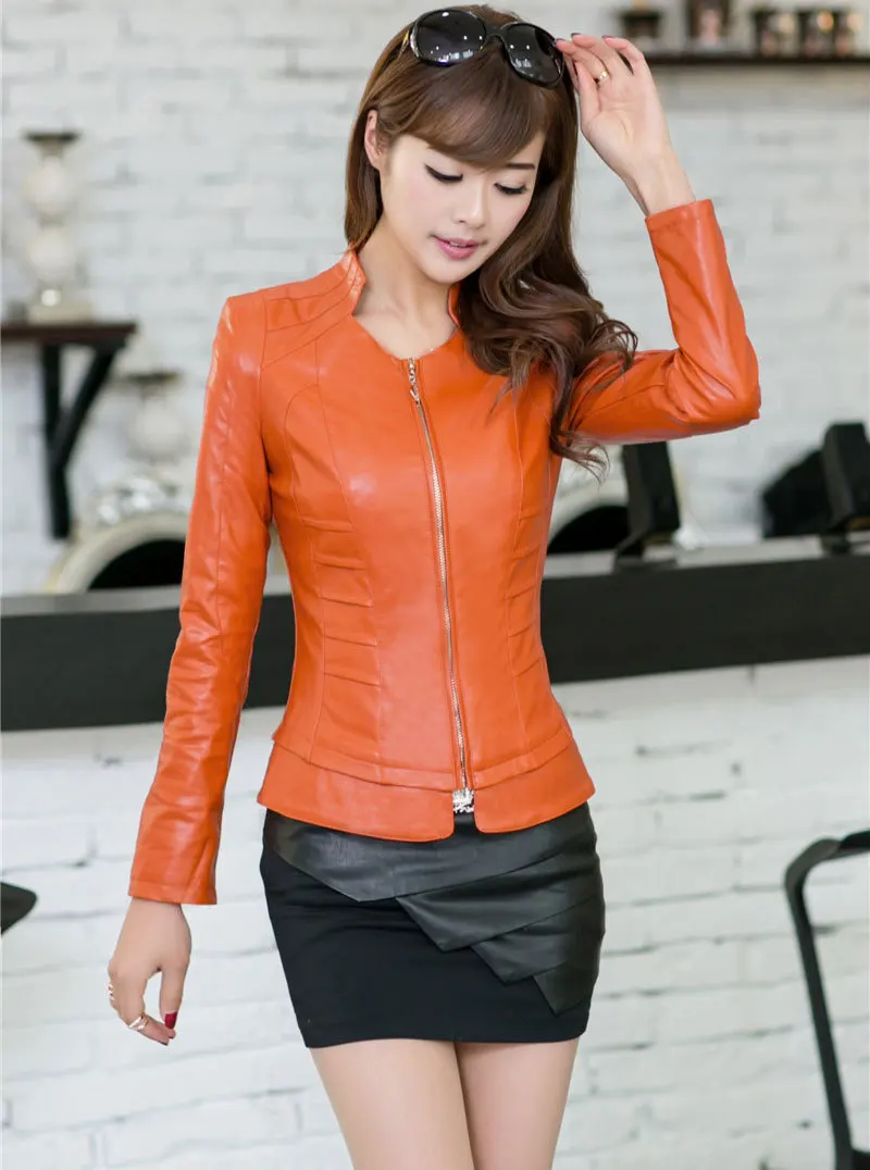 Женская короткая мотоциклетная куртка из ПУ кожи с воротником стойкой|ladies leather