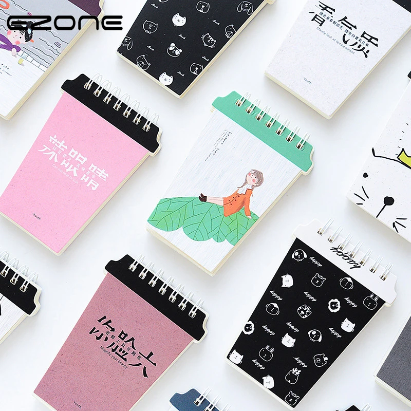 

EZONE Spiral Mini Memo Pad Kawaii Green Leaves/Cat/Girls Pattern Note Book Coil Milk Tea Cup Shape Notepad School Office Supply