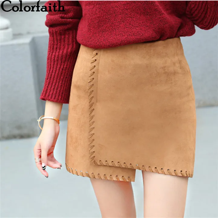 

Colorfaith New 2017 Women Suede Skirt High Street High Waist Sexy Pencil Skirt Ladies Elegant Femininas Skater Skirt SK1465