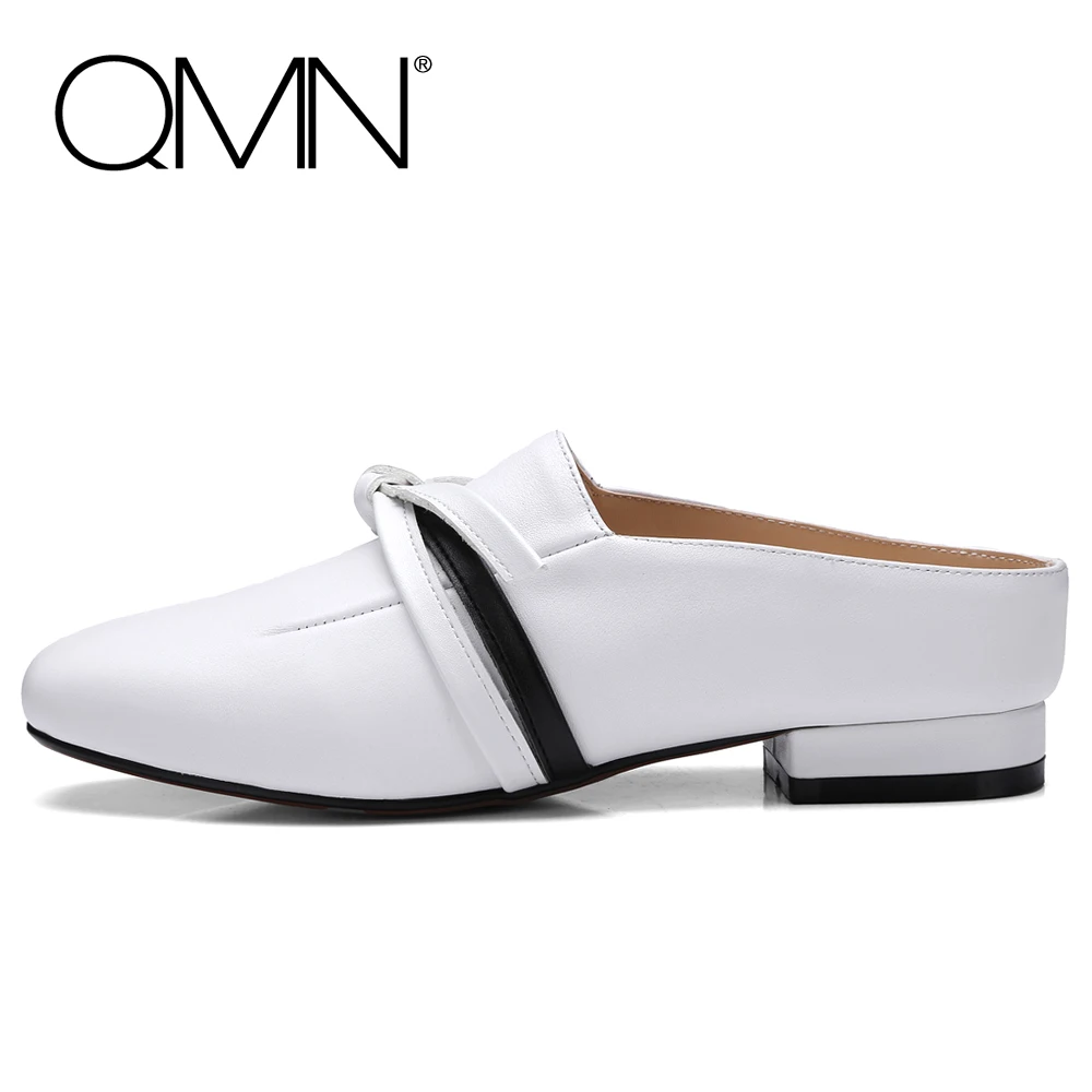 QMN women genuine leather slippers Women Bow Embellished Flat Heel Mules Slip On Summer Leisure Shoes Woman Leather Slides 34-39