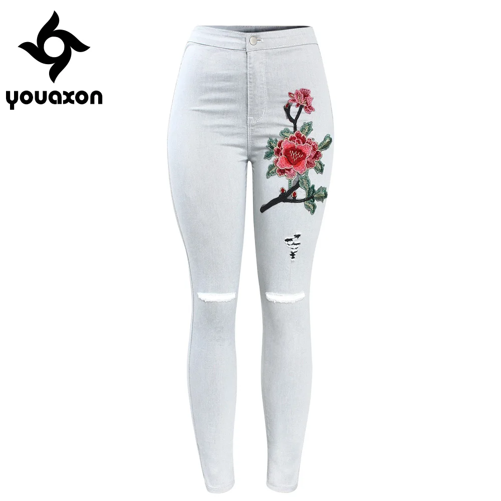 2112 Youaxon, высокая талия, рваные джинсы с цветочной вышивкой, женские эластичные джинсовые штаны, брюки для женщин, обтягивающие джинсы - Цвет: light gray