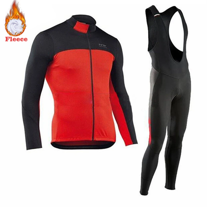 New NW Men's Thermal Fleece Winter Cycling Jersey Bib Pants Tights Kits Outdoor Sporting Biking Sets Cycling Outfits - Цвет: Winter suit