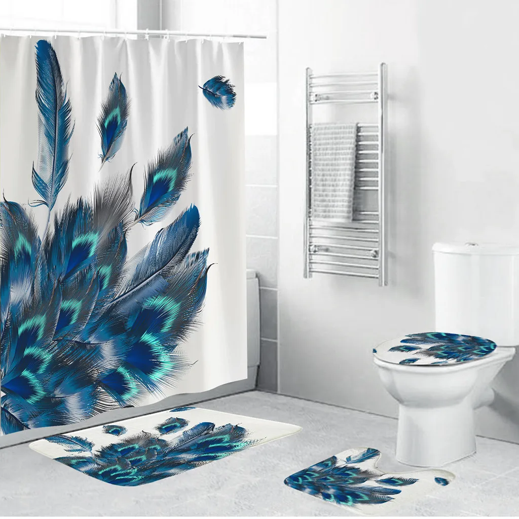 

4PCS Shower Curtains summer style Series Non Slip Toilet Polyester Cover Mat Set Bathroom Shower Curtain