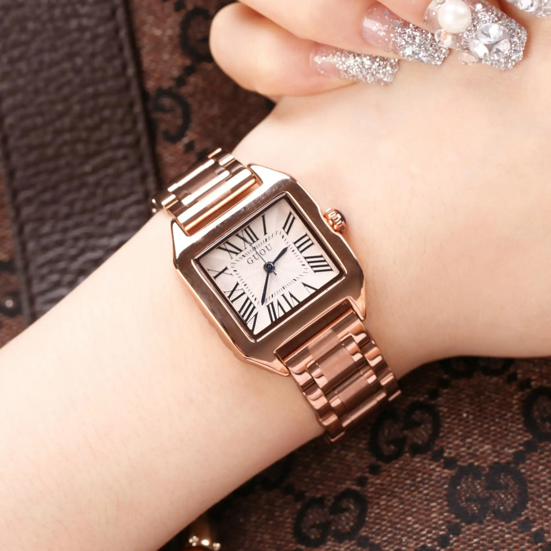 Женские квадратные Роскошные Кварцевые часы из сплава розового золота Топ GUOU брендовые водонепроницаемые простые часы для женщин женские наручные часы для девочек - Цвет: As Picture Show
