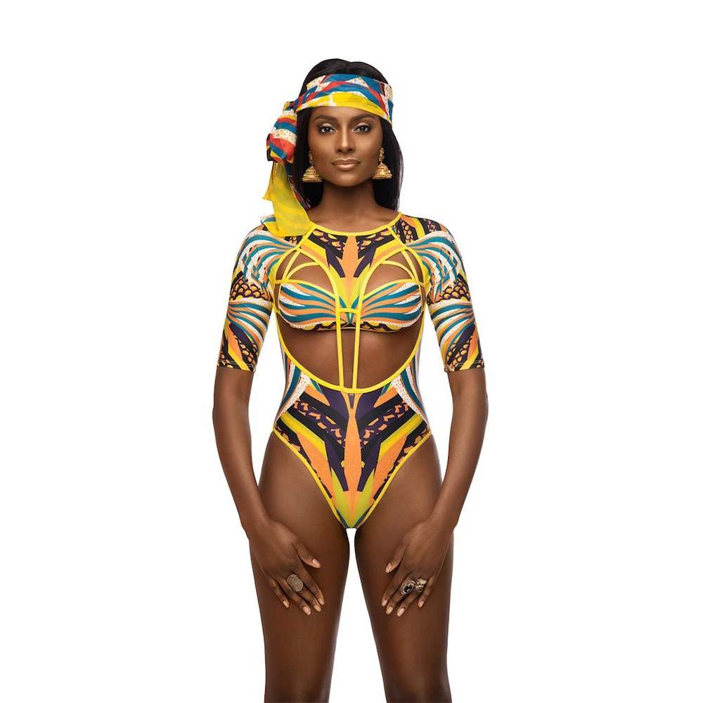 

Women Swimwear African Totem Print Triangle One-piece Swimsuit Sleeve Sexy Cutout Swimsuit Summer Sexy Slim Swimming Wading Lady