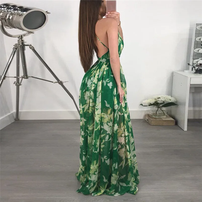 HOT summer dress 2018 beach dress Women Sexy Floral Printed V-Neck Sleeveless Chiffon Evening Party Long Dress vestidos J08#N (5)