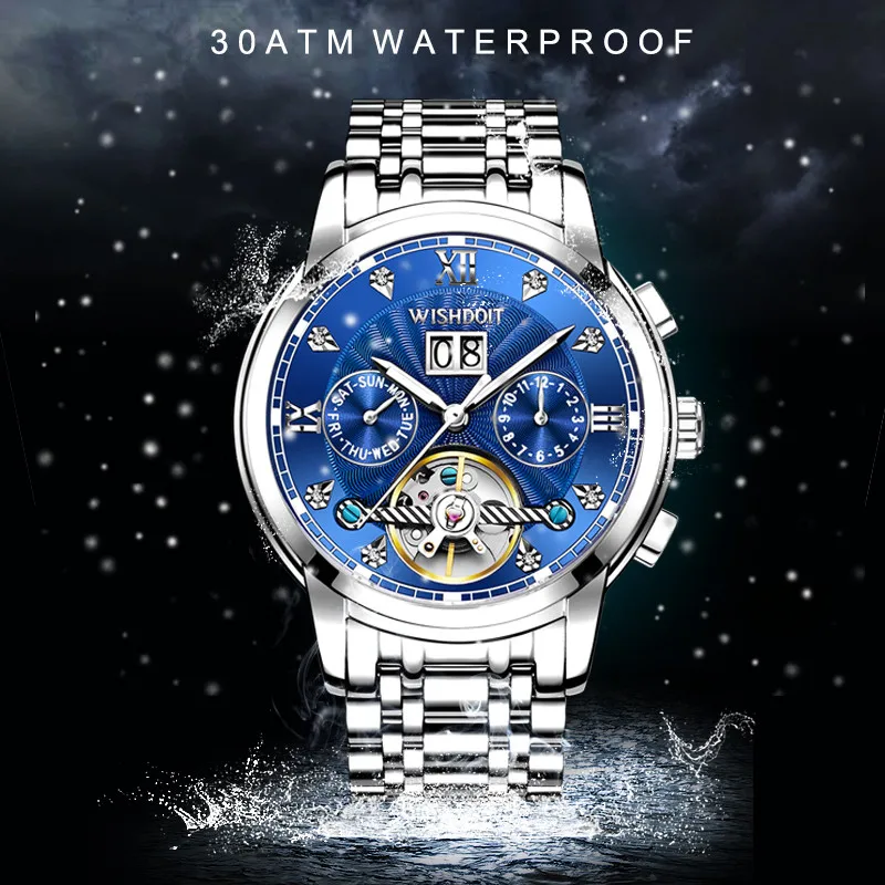 

WISHDOIT New Mens Watches Top Luxury Brands Silver Blue Mechanical Watch Men Sport Waterproof Full Steel Watch Relogio Masculino