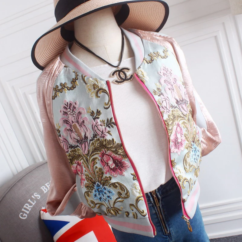 XINGYIDA Autumn Jacket Women 3D Flower Embroidery Satin Slim Short Bomber Jacket Women 2017 Streetwear Outerwear Basic Jackets