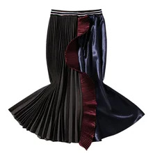 Новое поступление высокая Талия Длинные юбки для женщин винтажные листья лотоса сплайсинга контрастного цвета плиссированные юбки