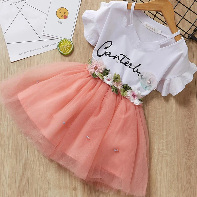 

2019 New Summer Fashion Baby Girls Princess Dresses Kids Birthday Party Printed T-Shirts+Net Veil Wedding Dress For Girl Clothes