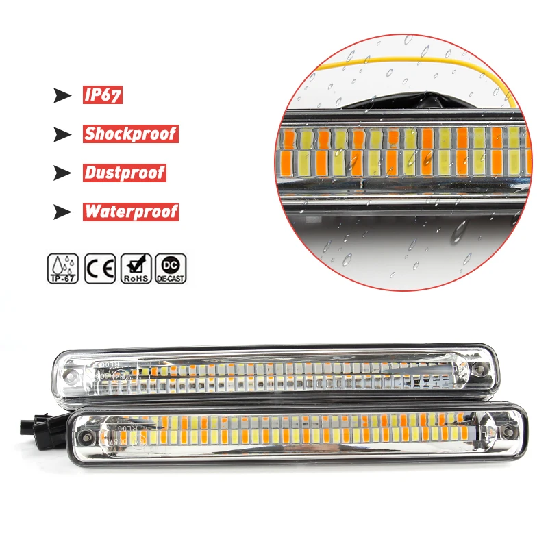 OKEEN 1pair Cars LED DRL Daytime Running Light Waterproof COB drl White Day Light + Yellow Color Turning Signal Fog Light  12v