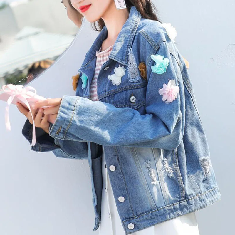 

YingYuanFang New three-dimensional handmade flowers loose denim jacket