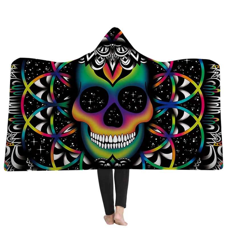 

EHOMEBUY New Arrival 3D Blanket Colorful Smiling Skull 3D Printing Hooded Blankets Totem Home Adult Sofa Bed Warm Blankets Black