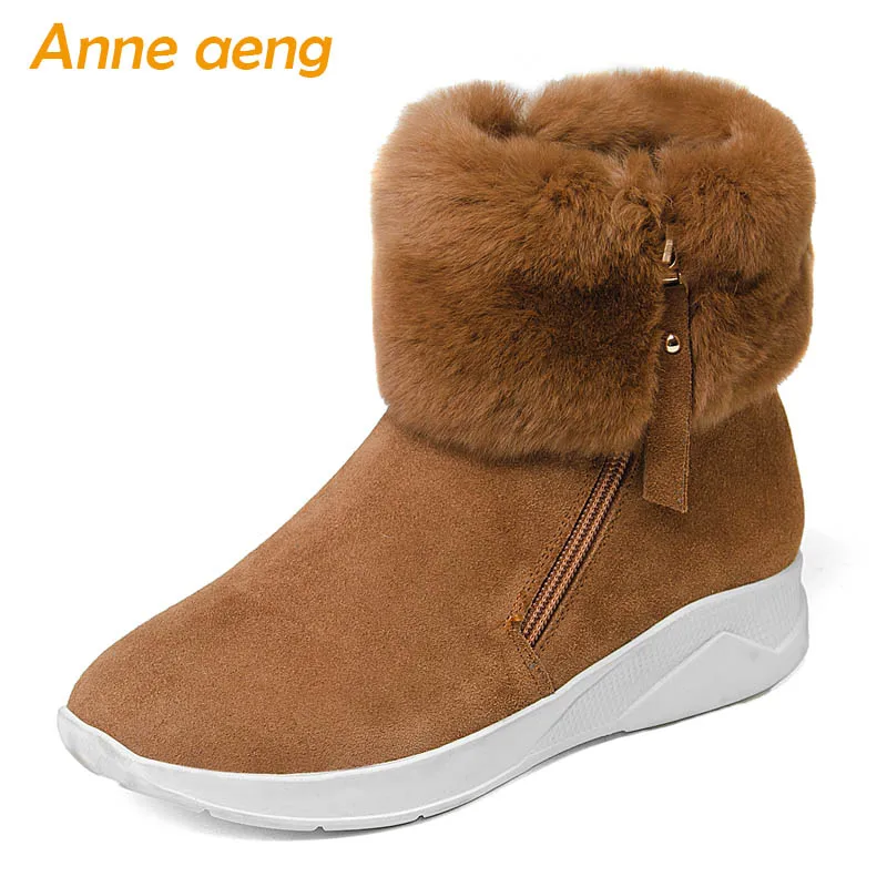 

2018 New Winter Women Cow Suede Snow Boots Middle Heel Round Toe Rabbit Fur Zipper Sexy Ladies Women Shoes Brown Ankle Boots