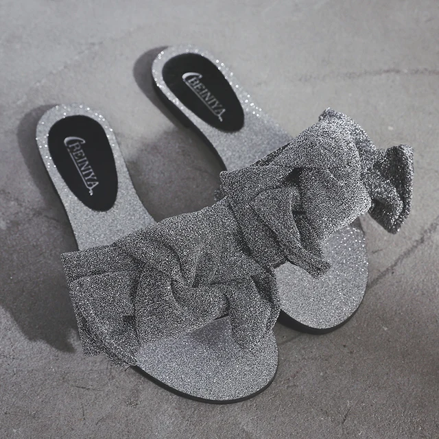 Moxxy Women Slippers with Big Bow Suede Leather Female Black Slippers Sweet Slides for Summer Bowknot Summer Sandals Shoes