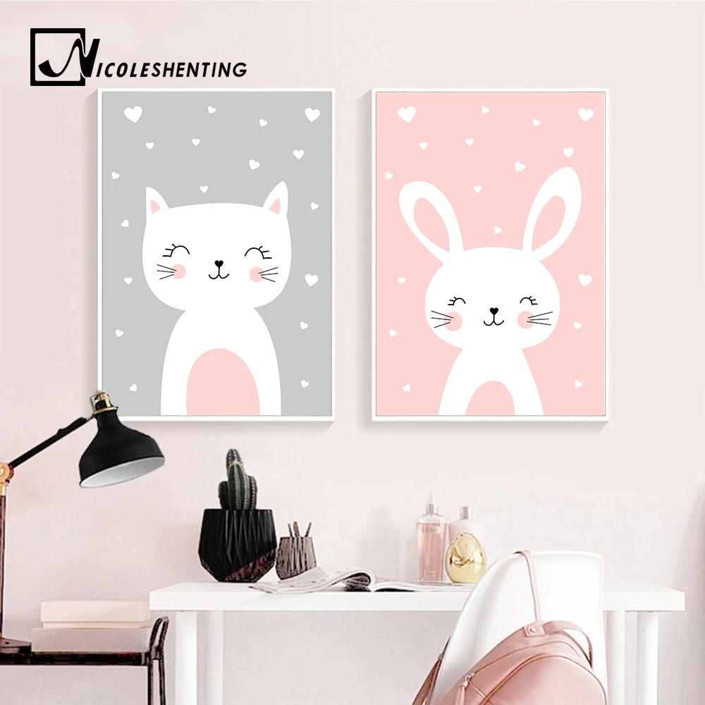 Kawaii Dinding Art Nursery Cetak Poster Kartun Kucing Kelinci Lukisan Nordic Kids Dekorasi Gambar Bayi Dekorasi Ruang Tamu Painting Calligraphy AliExpress