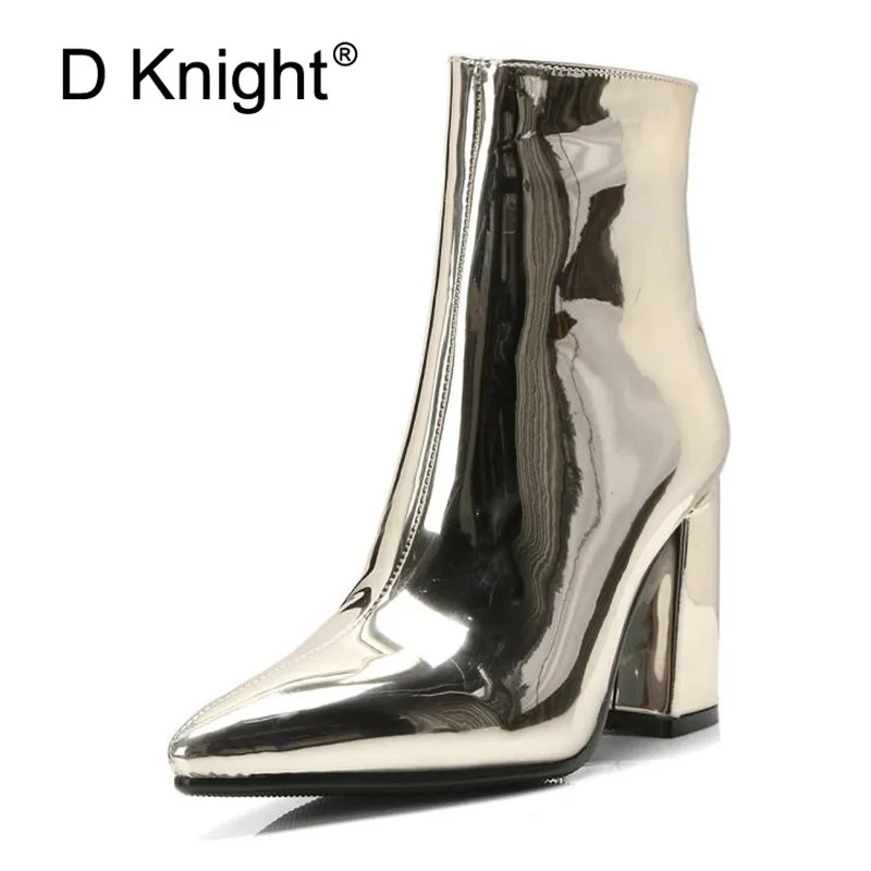 

2019 Women Ankle Boots Fashion Zipper Patent Leather Square High Heel Autumn Winter Shoes Women Motorcycle Boots Big Size 32-42