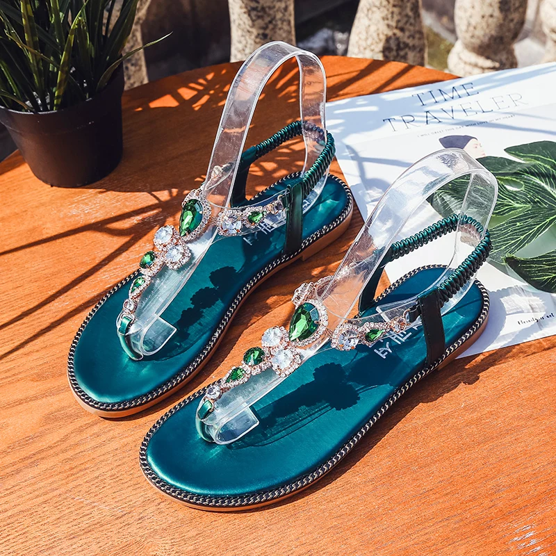 Women summer Shoes Woman Sandals Rhinestones Thong bead Gladiator Flat Sandals Crystal Chaussure slides female beach shoes Women's Shoes