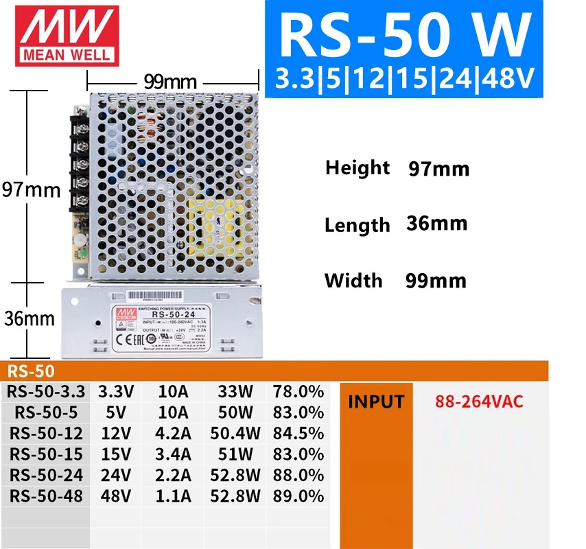 Бренд MEAN WELL представляет RS-15 лист длины 25,35, 50 3,3 V 5V 12V 15V 24V 36V 48 V meanwell RS-50 3,3 до 5 лет, 12 предметов в упаковке 15 24 36 48В одиночный Выход переключение Питание