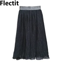 Флисовая Тюлевая юбка с металлическим люрексом, высокая талия, средняя длина, плиссированная юбка, Осень-зима, винтажные юбки для женщин, Saia Feminina