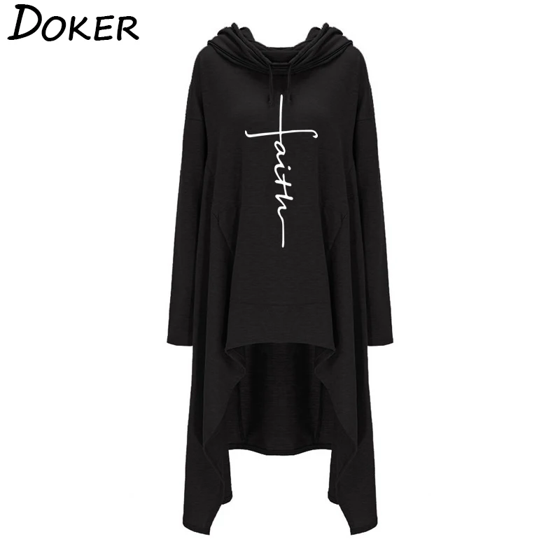 2019 New Faith Letter Embroidered Long Hoodies Women Long Sleeve Irregular Hem Pocket Sweatshirt Fe