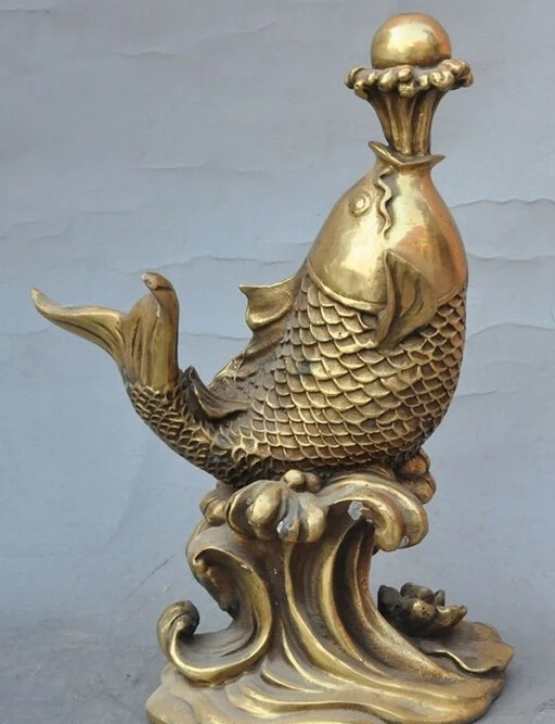 

10" chinese brass fengshui animal fish Gold fish play bead wealth lucky statue