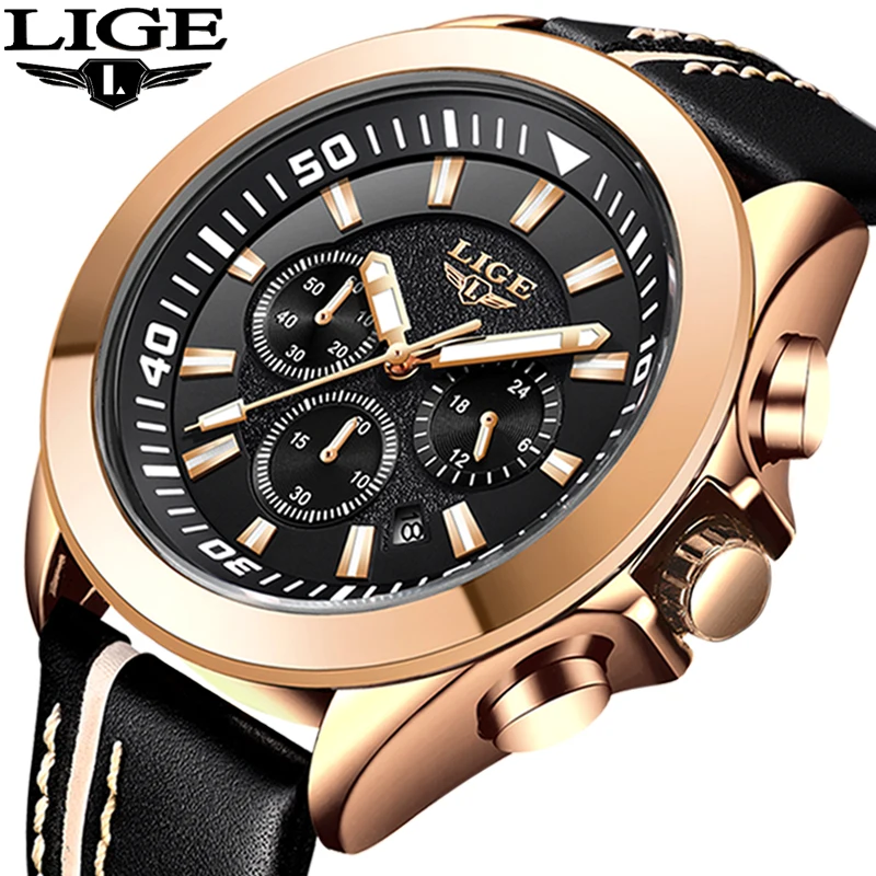 2018 Mens Watches LIGE Top Luxury Brand Male Leather Multi-function Quartz Watch Mens Waterproof Sport Clock Relogio Masculino