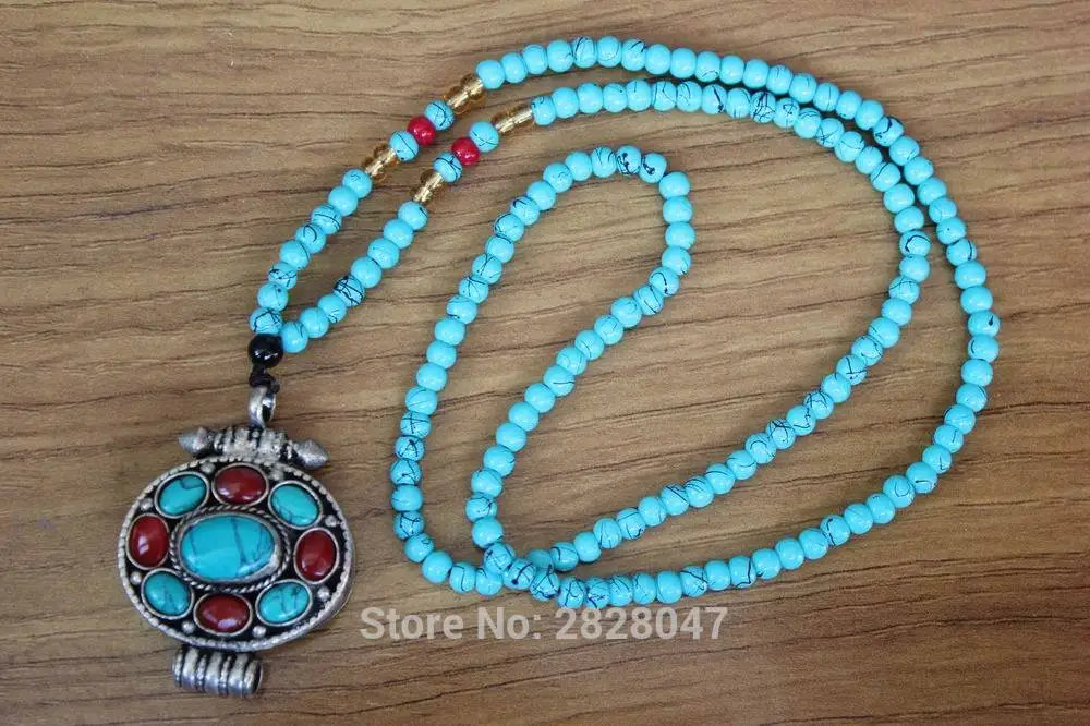 

PN140 Tibetan silver Colorful Stone Round Prayer box Pendants Nepal Vintage Jewelry Tibet Amulets 45mm*33mm Women Pendant
