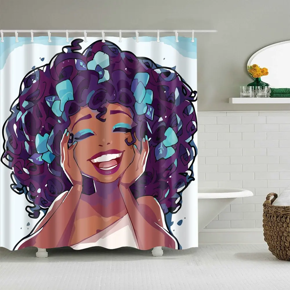 Afro Girl Shower Curtain Black Art Polyester Fabric Waterproof Mildew