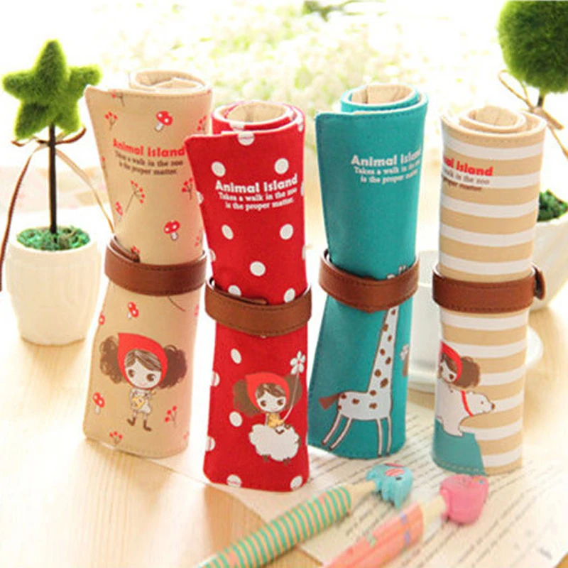 

Cute Animal Cartoon Canvas Roll Pencil Bag Large Capacity Holes Girl's Student Art Roller Pouch Brush Pencil Storage School