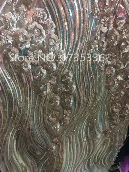 

New fashion french net lace fabric champagne sequins mesh fabric paillette lace fabrics for party L821