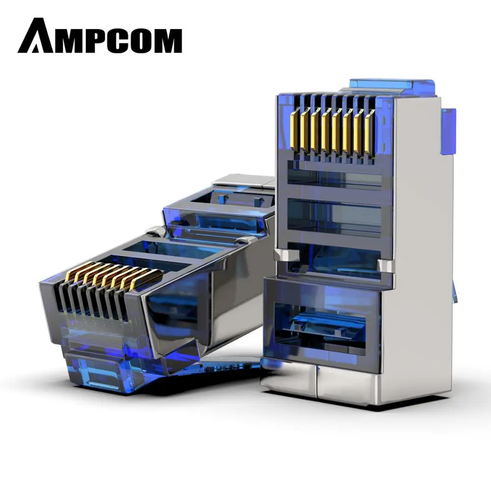 

AMPCOM CAT6 Shielded RJ45 Modular Plug Connector 8P8C Crimp End Ethernet Cable Ethernet Connector Gold-Plated 50U