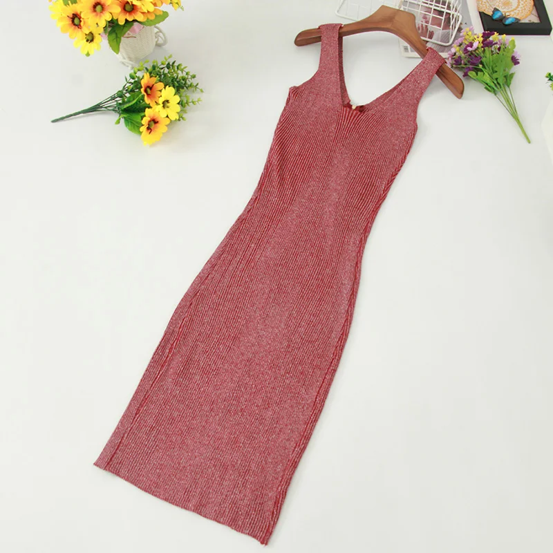 

Elegant Women Summer V-neck Zipper Sleeveless Striped Bodycon Knitted Dress Vintage Elastic Slim High Waist Pullover Midi Dress