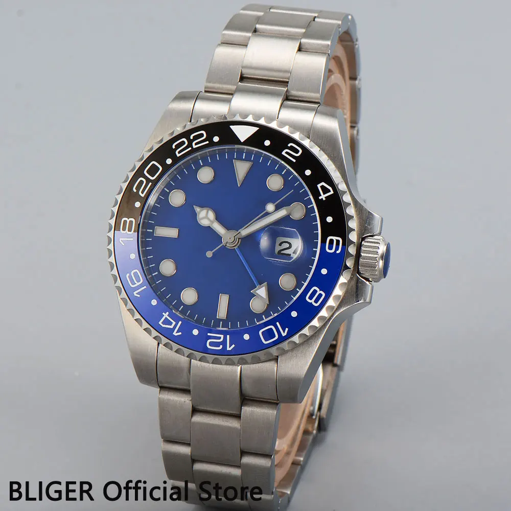 Classic BLIGER 43mm Blue Sterile Dial Blue Black Ceramic Bezel Blue GMT Pointer Sapphire Glass Automatic Movement Men's Watch Classic BLIGER 43mm Blue Sterile Dial Blue Black Ceramic Bezel Blue GMT Pointer Sapphire Glass Automatic Movement Men's Watch