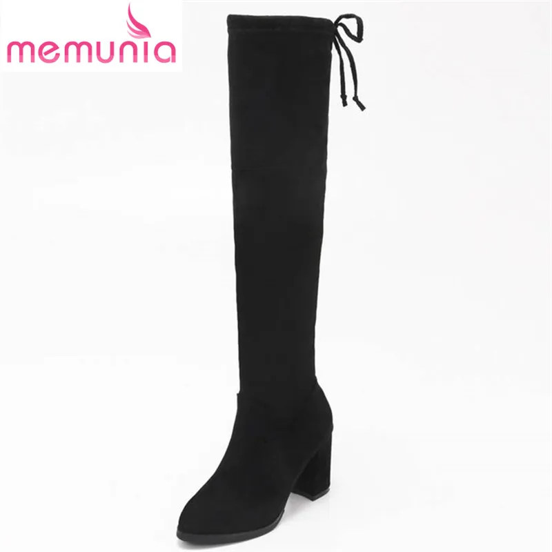 

MEMUNIA 2018 hot sale thigh high boots round toe autumn winter fashion ladies boots high heels female shoes lace up long boots