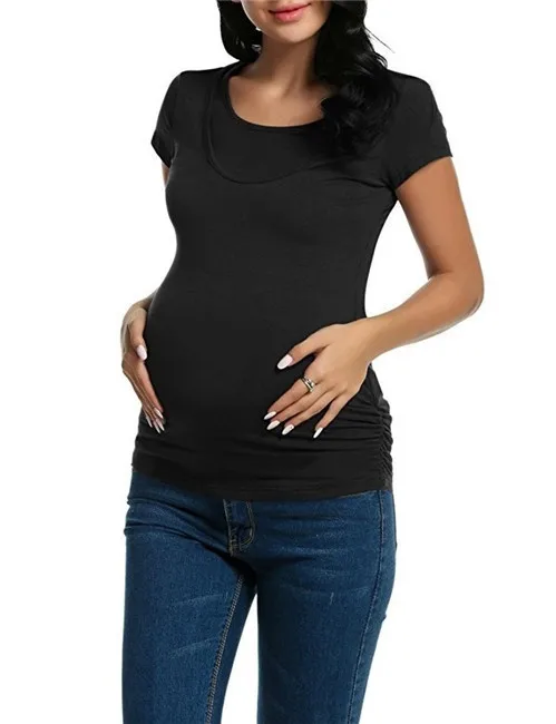 Модные Женские однотонные футболки для беременных; летняя мягкая эластичная хлопковая Футболка для беременных и кормящих; женские топы; двухслойная блузка