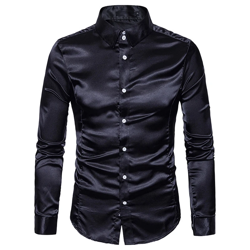 Mens Long Sleeve Silk Social Shirt 2018 Brand New Black Silk Satin Men
