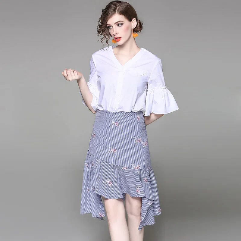 2017 Verão Runway Designer Set Moda Feminina Two Pieces Set Manga Alargamento elegante Top e Saia Irregular Terno Conjunto Gêmeo conjunto