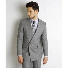 2017 Custom Made Light Grey Side Vent mens suit Double Breasted Slim Fit Best Men Wedding Suits Bridegroom smoking(Jacket+Pants)