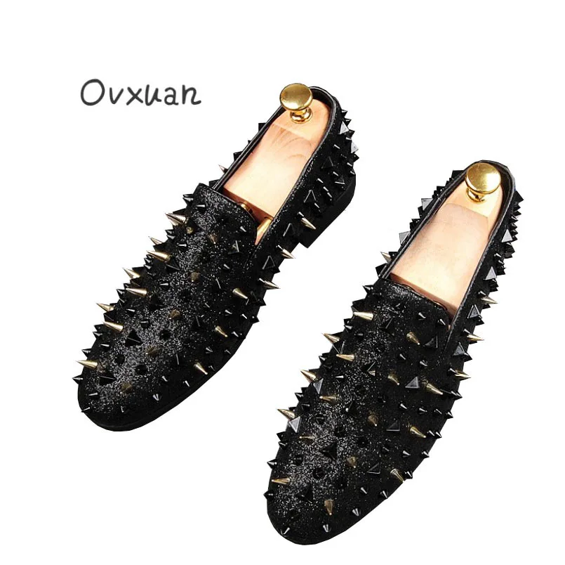 

Private Customized Men's flats Luxury Shinny Glitter Gold Silver Red Bottom Spikes Shoes Slip On Loafers Rivets Men Prom Shoes
