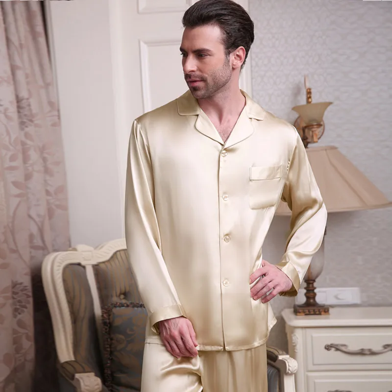 Genuine Silk Pajamas Male Spring Summer Long-Sleeve Pants Two-Piece Pyjama Sets 100% Silkworm Silk Men's Sleepwear T9002